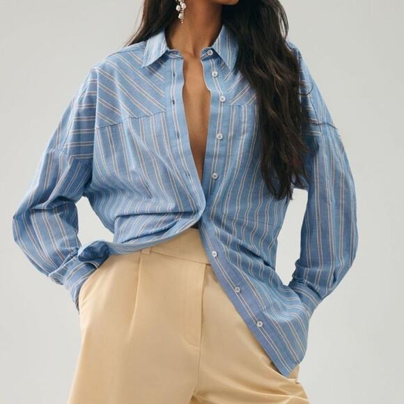 Pilcro Anthro Striped Boyfriend Buttondown Shirt Blue White Cotton Blend XL NWT - Picture 1 of 11